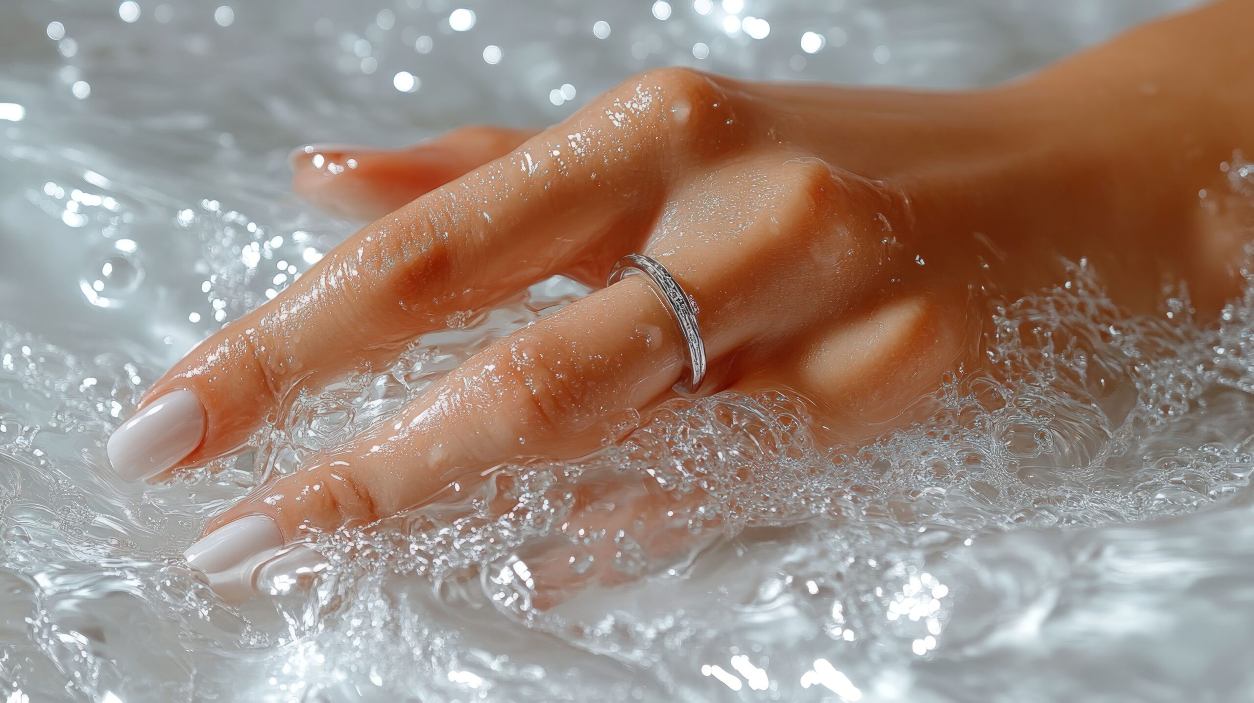 Hand mit Platinring im klaren Wasser